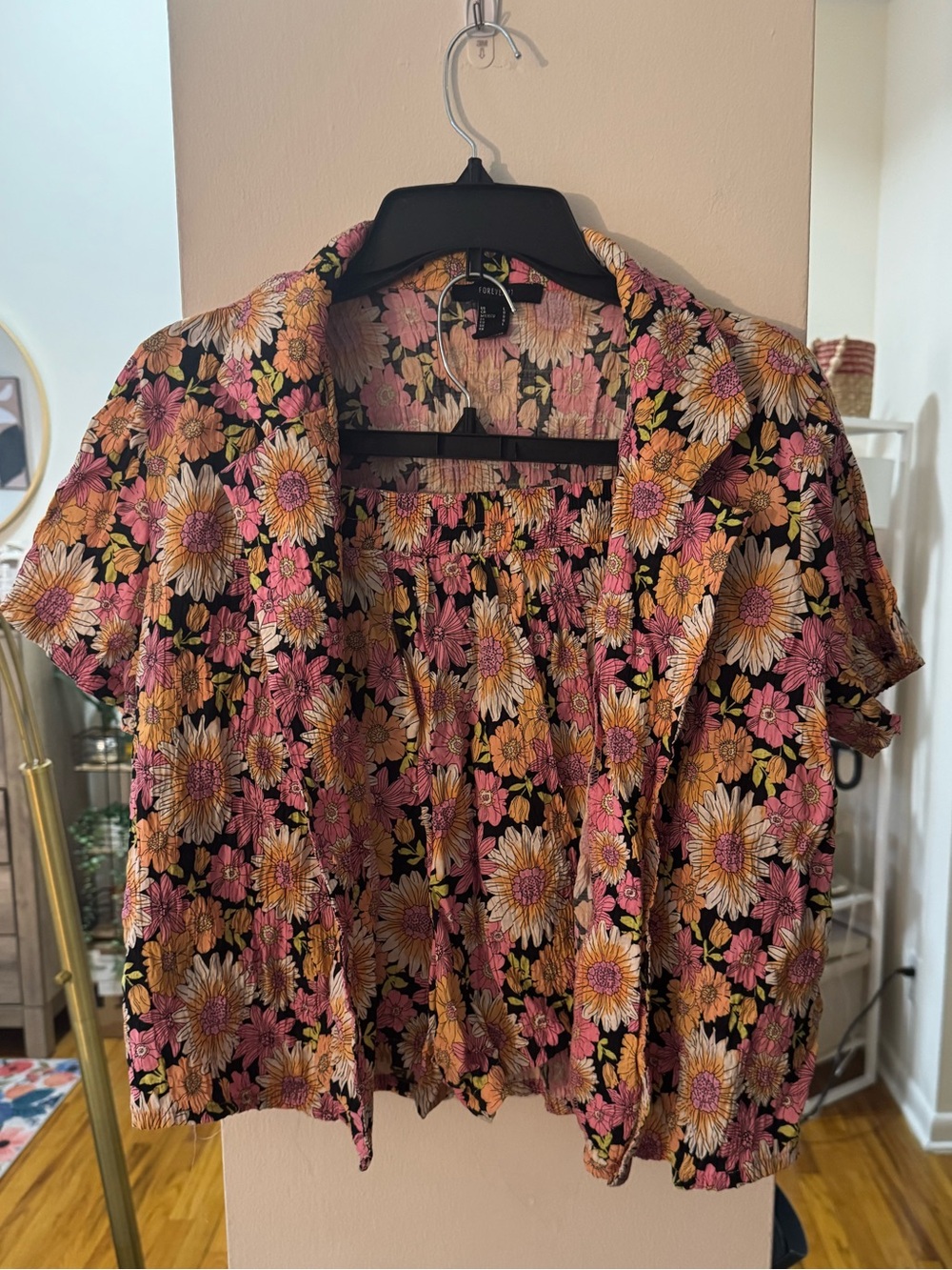 Vintage Forever 21 Women’s Floral Short-Sleeve Button Front Top - Pink & Yellow